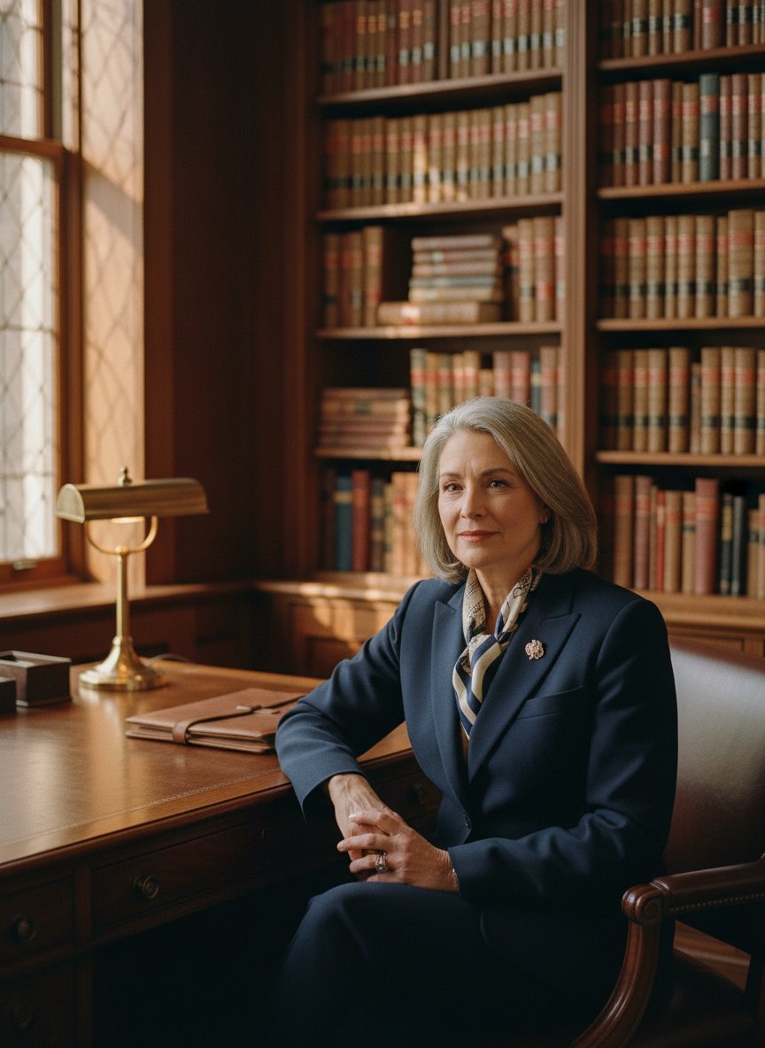 An estate planning attorney seated in a wood-paneled office, warm natural light.